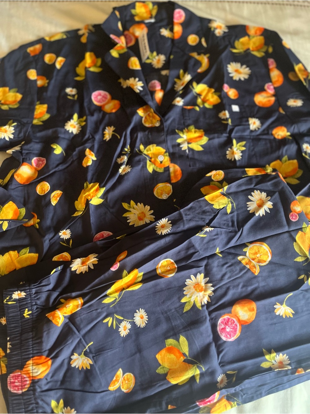 Old Navy Navy Pajama Set with Yellow Citrus & White Daisies